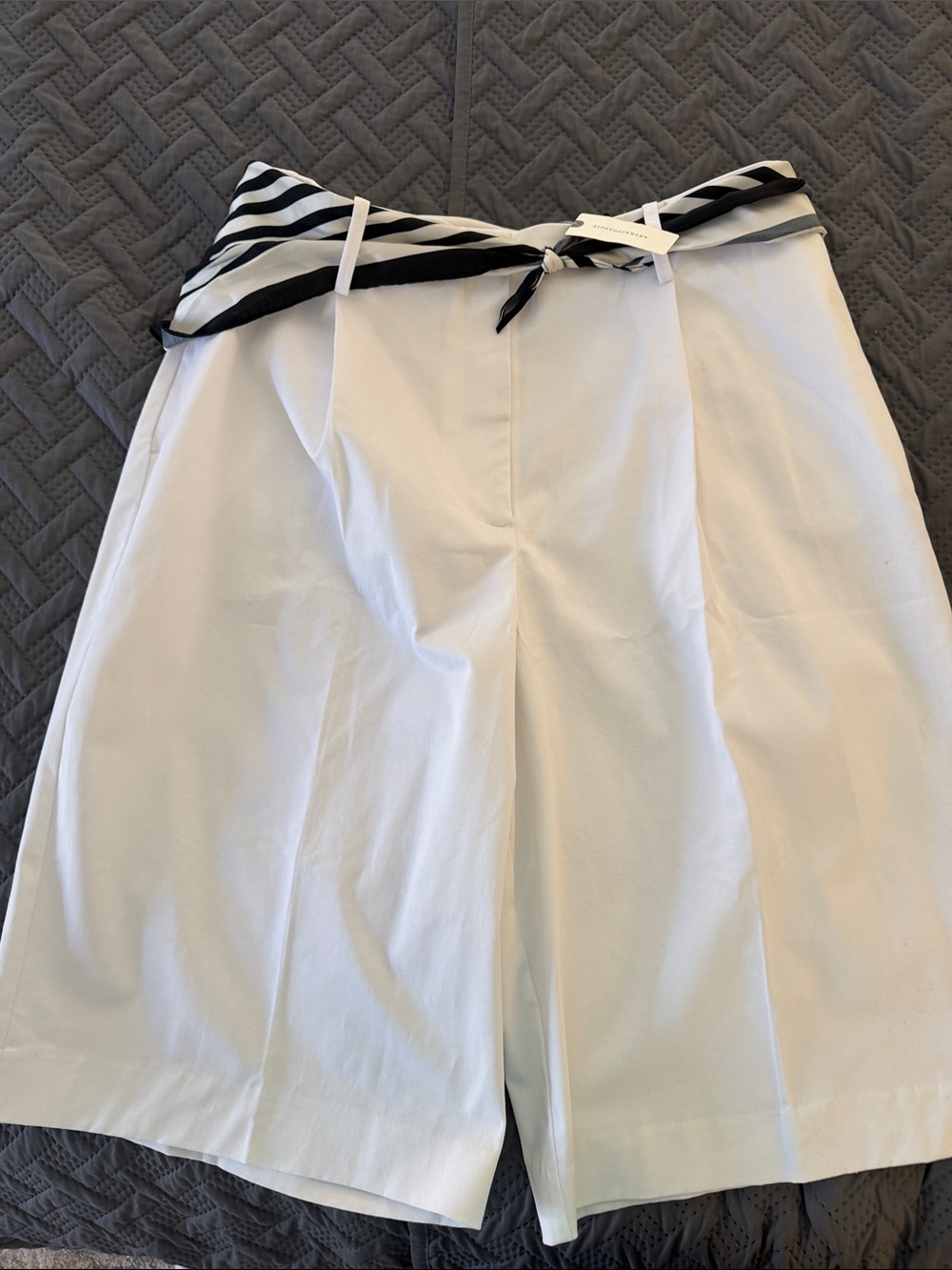 Anthropologie White High-Waist Bermuda Shorts with Black-and-White Tie